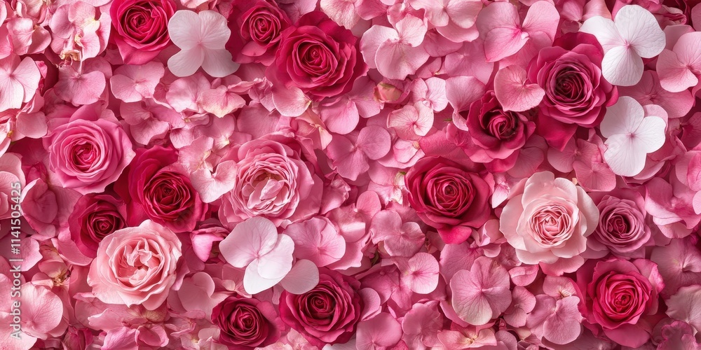 Fototapeta premium Close-Up of Blooming Pink Roses and Petals Creating a Decorative Floral Web for Background or Banner Use