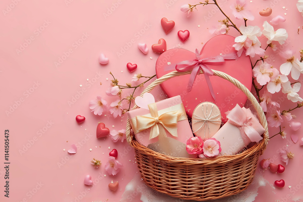 Valentine's day greeting card with gift boxes in basket. With space for your greetings Valentine's day greeting card with gift boxes in basket. With space for your greetings