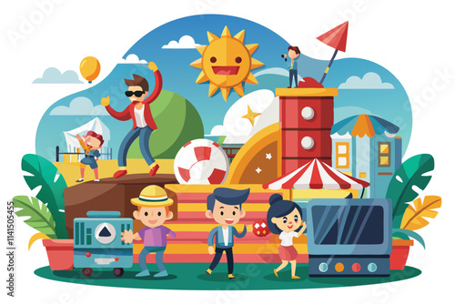 Kids play and explore various fun activities at a lively amusement park filled with vibrant attractions, Entertainment and leisure, Cartoon flat vector illustration isolated