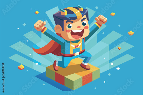 A cheerful superhero figurine stands triumphantly on a multicolored block, ready for adventure, Enthusiastic Customizable Isometric Illustration