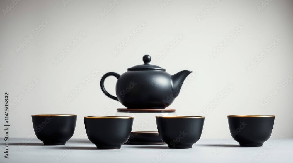 A beautifully arranged Chinese tea set features a striking black teapot alongside four exquisite matching cups, perfect for a cultural gathering or festive occasion A beautifully arranged Chinese tea set features a striking black teapot alongside four exquisite matching cups, perfect for a cultural gathering or festive occasion