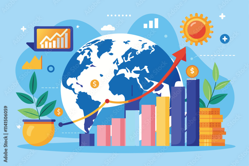 Entrepreneur reviews financial growth trends using a colorful graph and global background elements, entrepreneur international finance growth graph Entrepreneur reviews financial growth trends using a colorful graph and global background elements, entrepreneur international finance growth graph