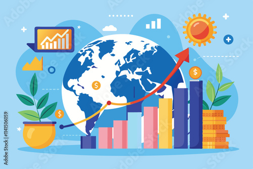 Entrepreneur reviews financial growth trends using a colorful graph and global background elements, entrepreneur international finance growth graph