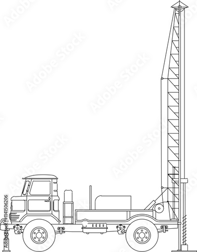 vector illustration design sketch silhouette image of truck mounted well drilling for construction industry