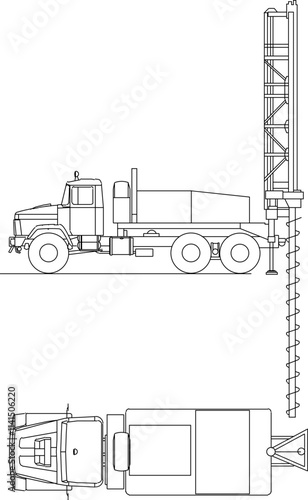 vector illustration design sketch silhouette image of truck mounted well drilling for construction industry photo