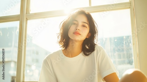 Free Download Serene Woman Sitting by Window Embraced by Sunlight, Radiating Tranquility and Peaceful Vibes in a Bright Room Setting - GFXLoad