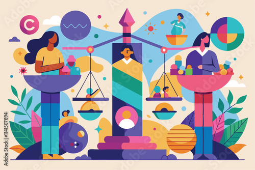 Colorful representation of equality and equity concepts shown with characters balancing scales and symbols of diversity, Equality and Equity Abstract Concept