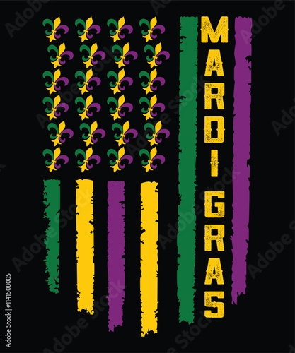 Mardi Gras shirt print template, Typography design for Carnival celebration, Christian feasts, Epiphany, culminating Ash Wednesday, Shrove Tuesday.