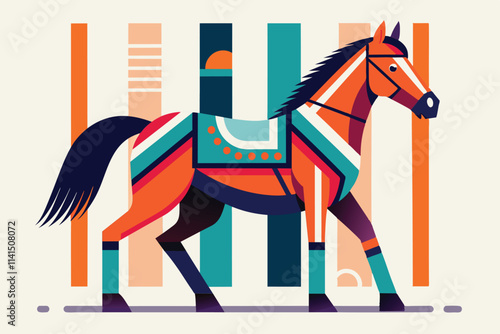 A colorful horse illustration walks confidently, displaying its intricate, patterned tack and saddle, Equestrian Customizable Flat Illustration