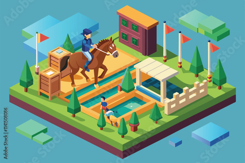 A rider navigates an obstacle course while another interacts with a horse in a lively equestrian setting, Equestrian Customizable Isometric Illustration