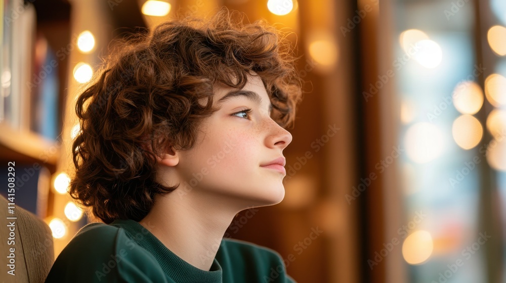 Young Person Sitting Quietly in a Cozy Environment Surrounded by Soft Glowing Lights, Capturing a Moment of Reflection and Serenity Young Person Sitting Quietly in a Cozy Environment Surrounded by Soft Glowing Lights, Capturing a Moment of Reflection and Serenity