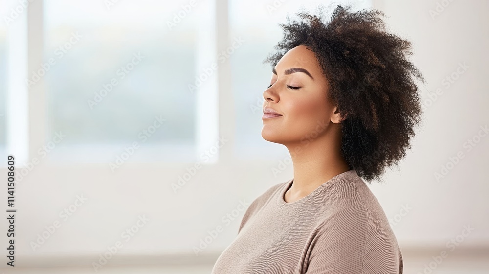 Relaxed Woman in Side View Sitting Peacefully with Eyes Closed, Embracing Serenity in a Bright Indoor Space Relaxed Woman in Side View Sitting Peacefully with Eyes Closed, Embracing Serenity in a Bright Indoor Space