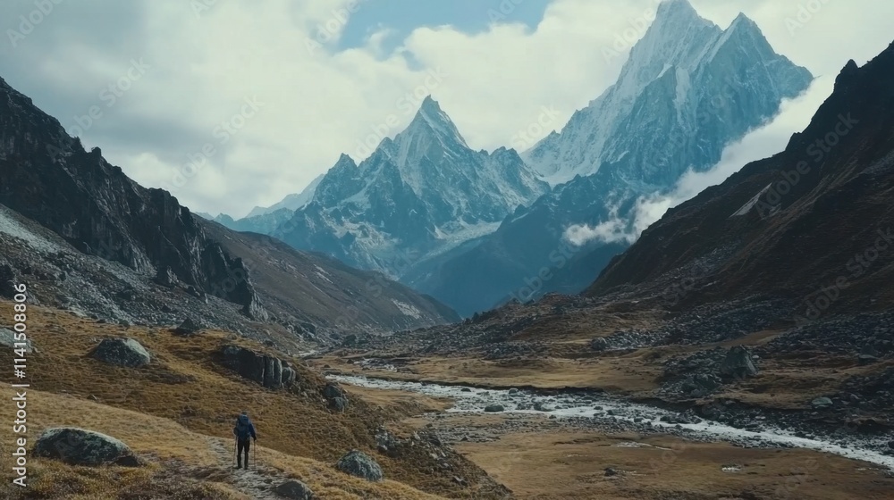 Majestic Mountain Landscape with Hiker in Rugged Wilderness Setting Majestic Mountain Landscape with Hiker in Rugged Wilderness Setting