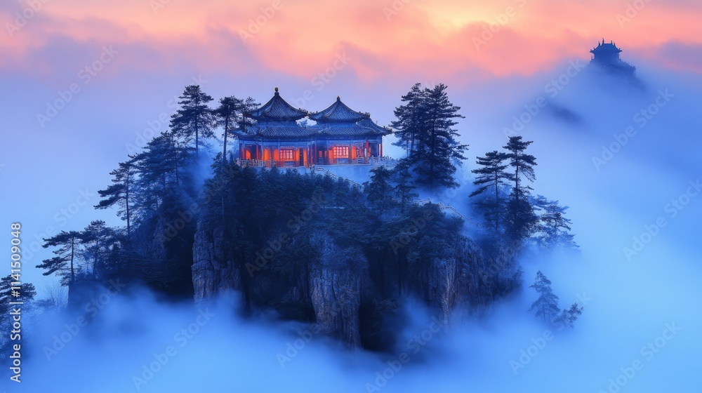 A serene mountain, nature, background temple surrounded by mist and vibrant sunset hues. A serene mountain, nature, background temple surrounded by mist and vibrant sunset hues.