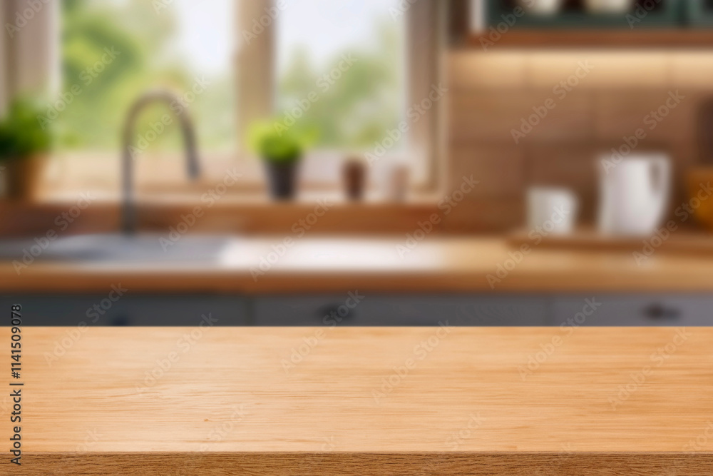 Kitchen wood table top for product display with blurred modern interior. Wooden tabletop over defocused kitchen background. kitchen furniture and desk space. product promotion in the kitchen Kitchen wood table top for product display with blurred modern interior. Wooden tabletop over defocused kitchen background. kitchen furniture and desk space. product promotion in the kitchen