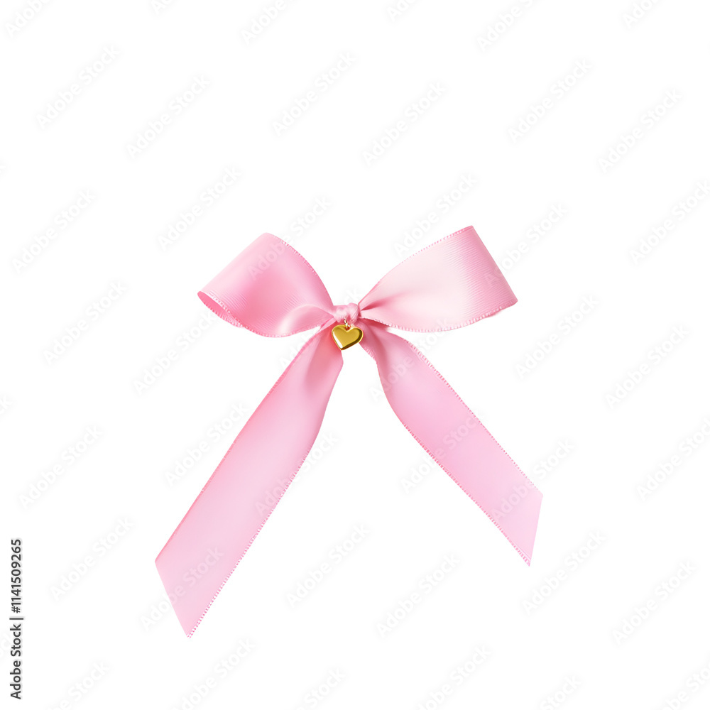 Pink ribbon with golden heart charms, isolated on transparent background. Pink ribbon with golden heart charms, isolated on transparent background.
