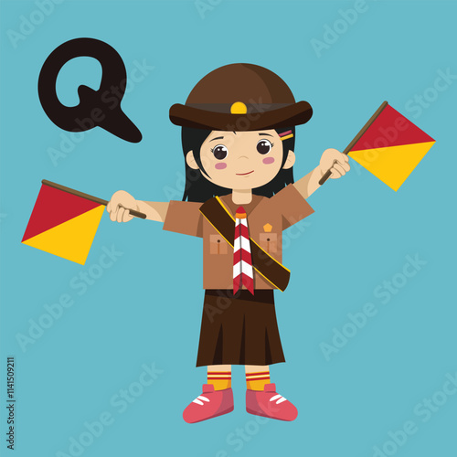 Semaphore Q Scout Sign Code Alphabet little girl