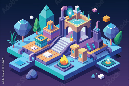 Explore a captivating landscape featuring unique structures, glowing elements, and serene nature in twilight hues Ethereal Customizable Isometric Illustration