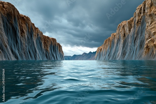 A dramatic fjord scene with storm clouds gathering, casting shadows on the steep cliffs and choppy water below