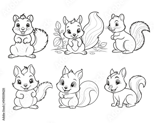 set of squirrel cartoon character line art design
