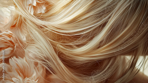 Close-up of long straight blonde hair for product dvertisement shampoo cosmetics photo