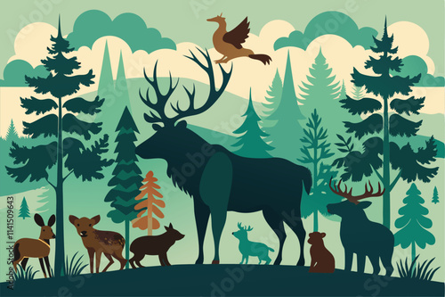 Various wild animals peacefully coexist in a vibrant European forest as shadows lengthen at dusk european forrest wild animals collection of stylized vector silhouettes