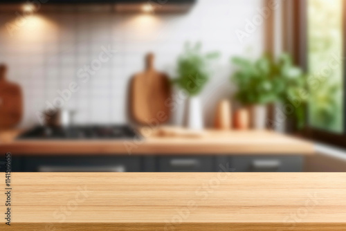 Kitchen wood table top for product display with blurred modern interior. Wooden tabletop over defocused kitchen background. kitchen furniture and desk space. product promotion in the kitchen
