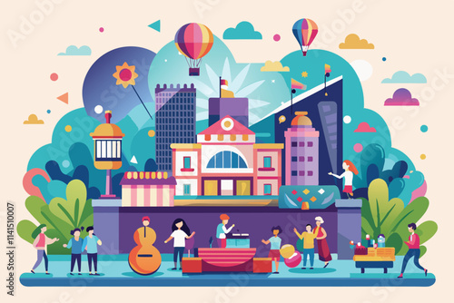 A vibrant festival with music, balloons, food stalls, and people enjoying activities in a lively city park Events Customizable Flat Illustration