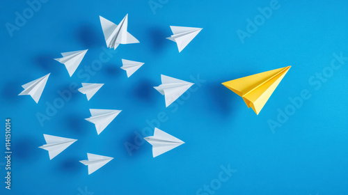 Paper airplane flying, blue background