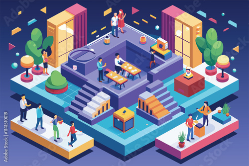 A lively depiction of people engaging in different activities within a colorful, interactive environment Events Customizable Isometric Illustration