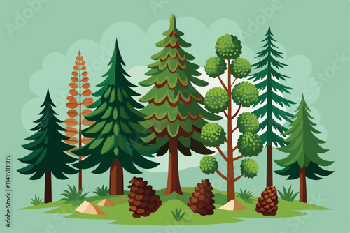 Pine trees with cones thrive amidst rich greenery in a serene forest setting Evergreen pine growths with cones, cedar and coniferous twigs,