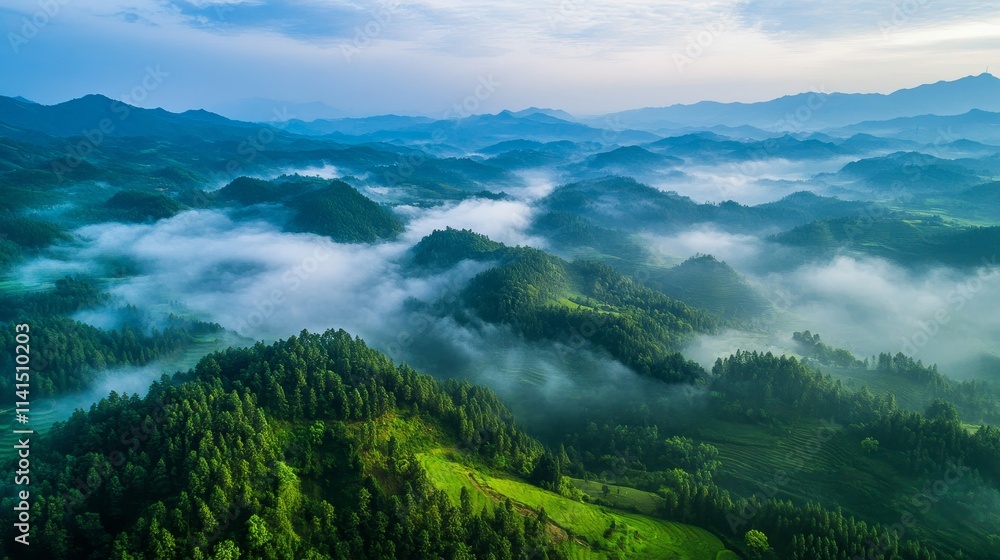 Aerial view of lush green hill, wallpaper, background shrouded in mist, showcasing serene natural beauty. Aerial view of lush green hill, wallpaper, background shrouded in mist, showcasing serene natural beauty.