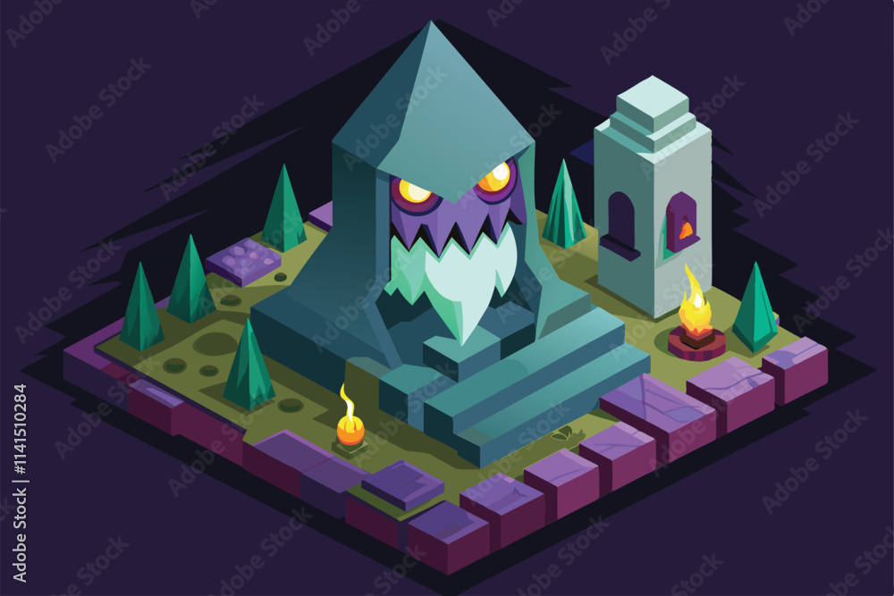 Obraz premium A menacing ghostly figure looms over a spooky graveyard adorned with eerie flames Evil ghost Customizable Isometric Illustration