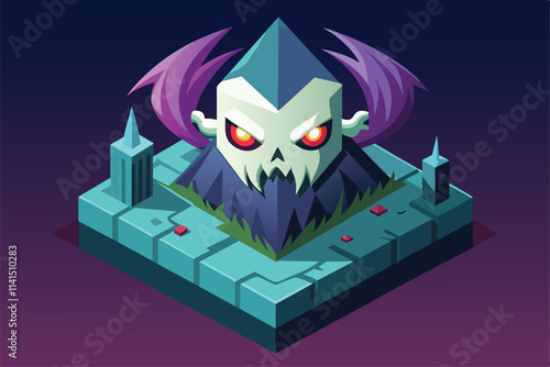 A menacing ghost rises from a jagged mountain in a mystical setting with eerie colors Evil ghost Customizable Isometric Illustration