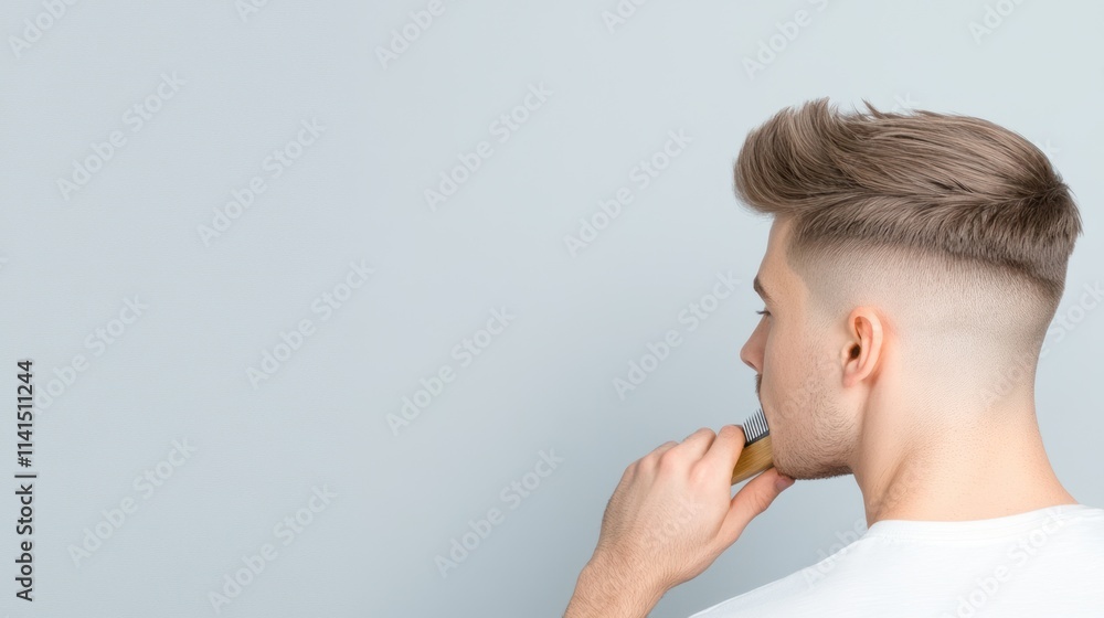 A young man grooming his hair, looking thoughtfully to the side. A young man grooming his hair, looking thoughtfully to the side.