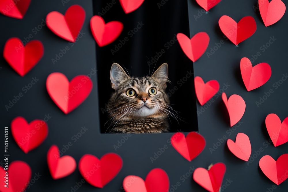 portrait of cat surrounded by red paper hearts on black curtain background, Valentine's Day concept portrait of cat surrounded by red paper hearts on black curtain background, Valentine's Day concept