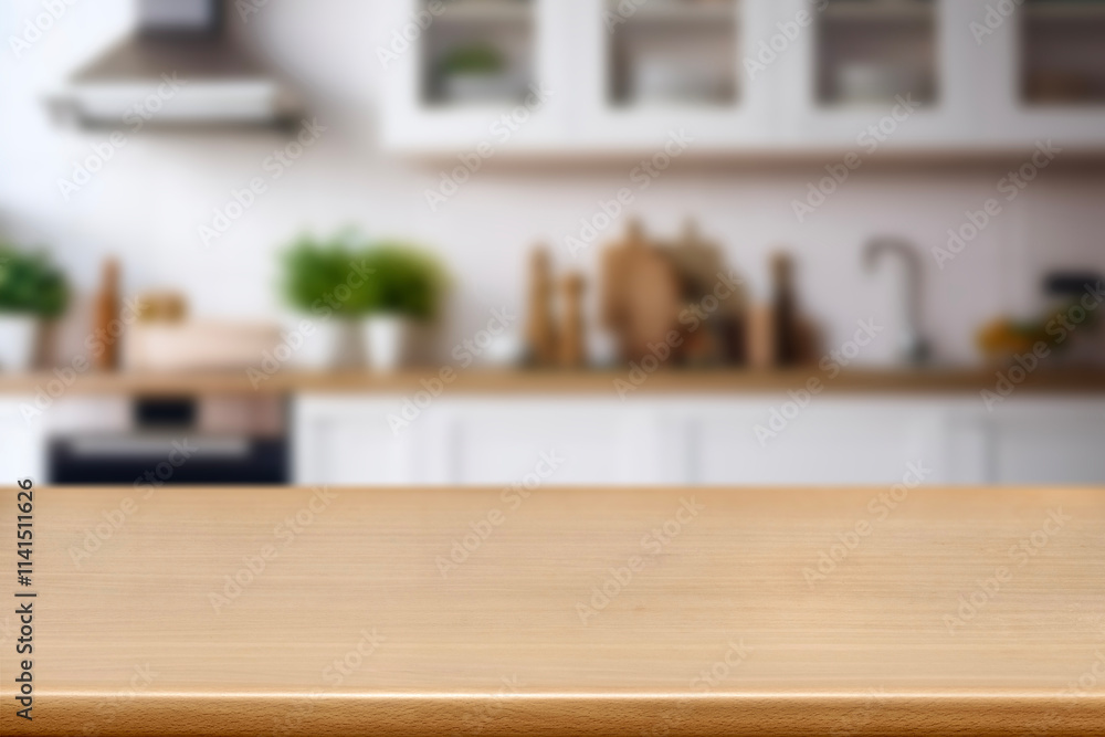 Kitchen wood table top for product display with blurred modern interior. Wooden tabletop over defocused kitchen background. kitchen furniture and desk space. product promotion in the kitchen Kitchen wood table top for product display with blurred modern interior. Wooden tabletop over defocused kitchen background. kitchen furniture and desk space. product promotion in the kitchen