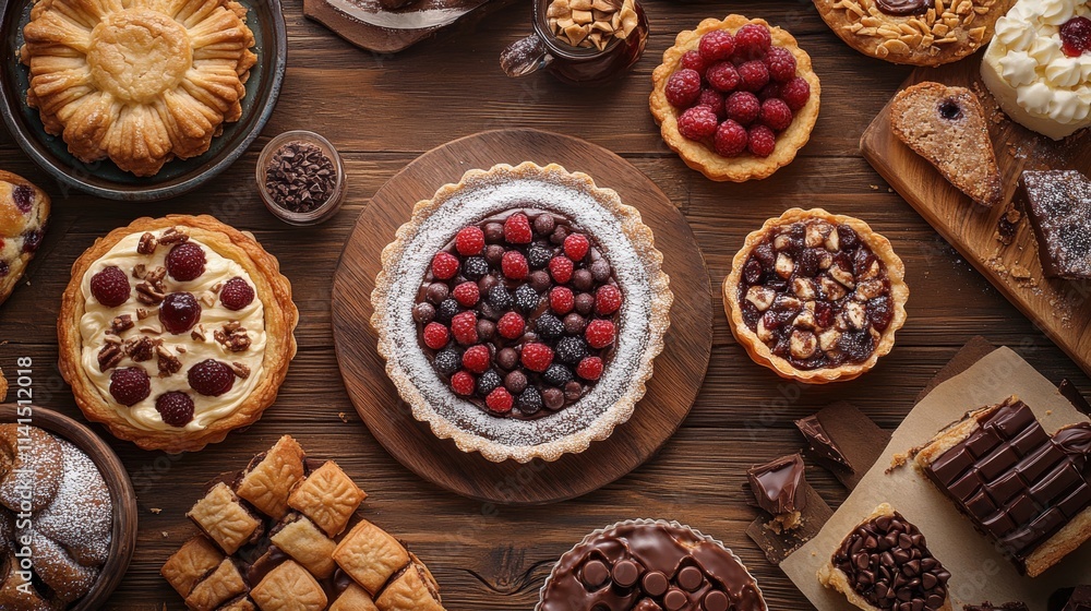 Variety of Delicious Desserts on Wooden Table Top Arrangement Variety of Delicious Desserts on Wooden Table Top Arrangement