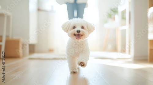 A happy white dog runs joyfully on wooden floor, showcasing its playful spirit in bright, cozy home environment