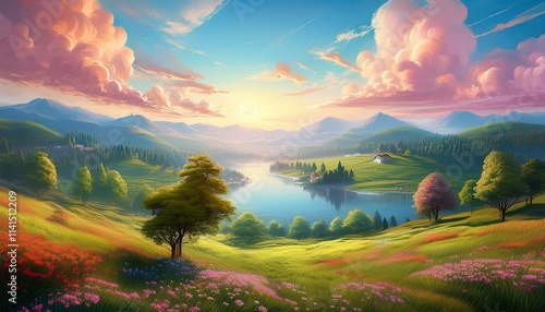 Beautiful colorful painting depicting a serene landscape, captured background art wallpaper