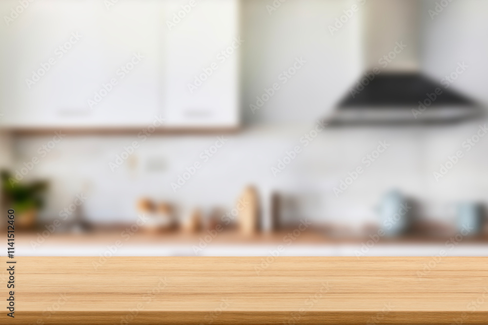 Kitchen wood table top for product display with blurred modern interior. Wooden tabletop over defocused kitchen background. kitchen furniture and desk space. product promotion in the kitchen Kitchen wood table top for product display with blurred modern interior. Wooden tabletop over defocused kitchen background. kitchen furniture and desk space. product promotion in the kitchen