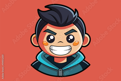 A cartoon character with a bright smile and customizable features is depicted against a vivid backdrop Face mask emoji Customizable Cartoon Illustration