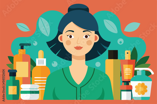 A woman examines skincare products displayed around her during a self-care session Face and skin care,
