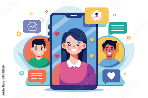 A person smiles while chatting with friends on a mobile app during a friendly call FaceTime Interface, Video Call Mobile Interface