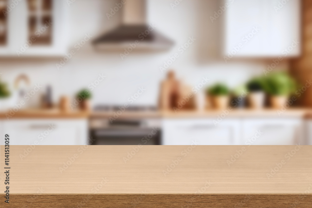 Kitchen wood table top for product display with blurred modern interior. Wooden tabletop over defocused kitchen background. kitchen furniture and desk space. product promotion in the kitchen Kitchen wood table top for product display with blurred modern interior. Wooden tabletop over defocused kitchen background. kitchen furniture and desk space. product promotion in the kitchen