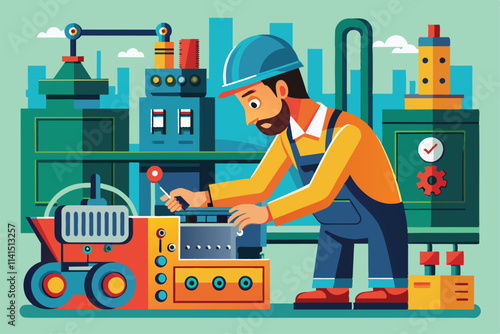 A factory worker is fixing a machine in a colorful industrial workspace filled with various equipment Factory worker repairing machine