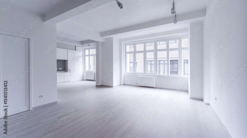 Obraz premium A spacious, minimalist interior of a modern, empty room with large windows.