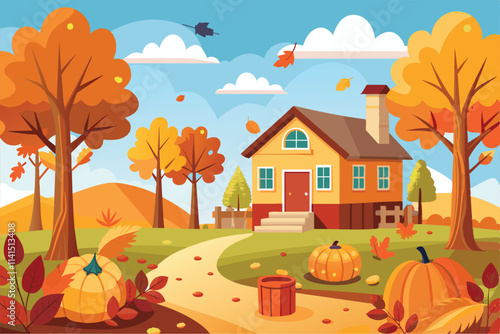 A cozy house sits surrounded by colorful autumn trees and pumpkins as leaves fall gently to the ground Fall is coming Customizable Cartoon Illustration