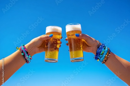 A lively Oktoberfest celebration with people clinking large mugs of beer in a tent adorned with Bavarian decorations photo