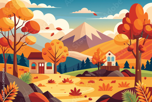 Vibrant autumn scene with falling leaves, colorful trees, and cozy homes against a majestic mountain backdrop Fall is coming Customizable Disproportionate Illustration